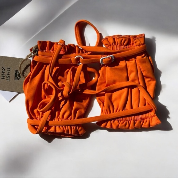 🌻NEW w.tag Free People x Toast Signature Ruffle Bandeau Top in Tiger Orange Med - Picture 2 of 14